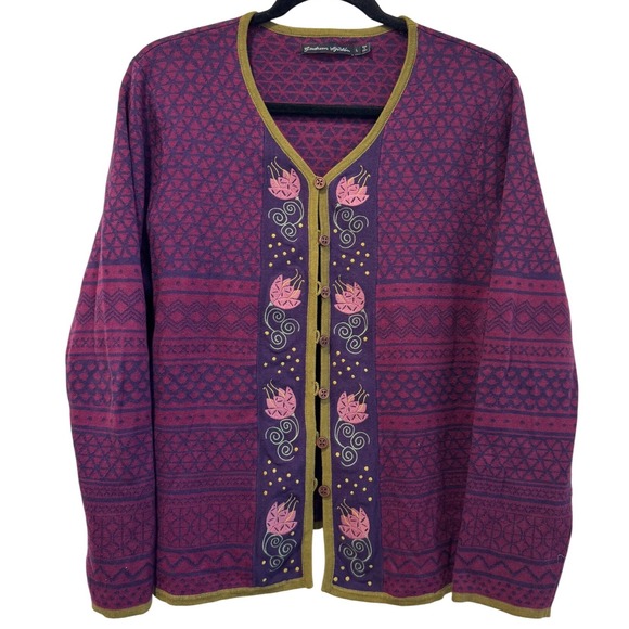 Gudrun Sjoden Sweaters - Gudrun Sjoden Purple‎ Geometric Floral Embroidered Cardigan Sweater Size L